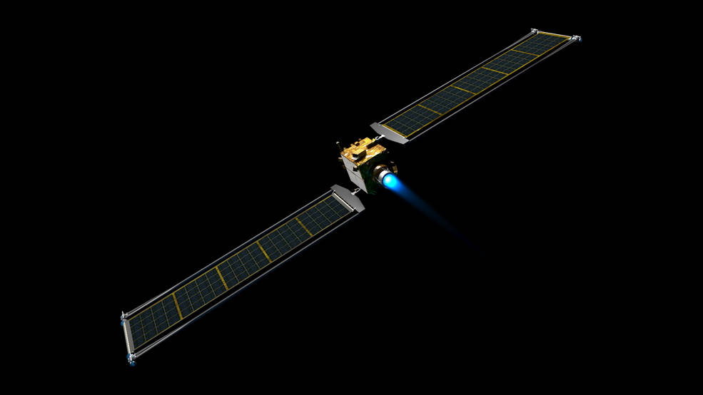 Illustration of the DART spacecraft with the Roll Out Solar Arrays extended. 