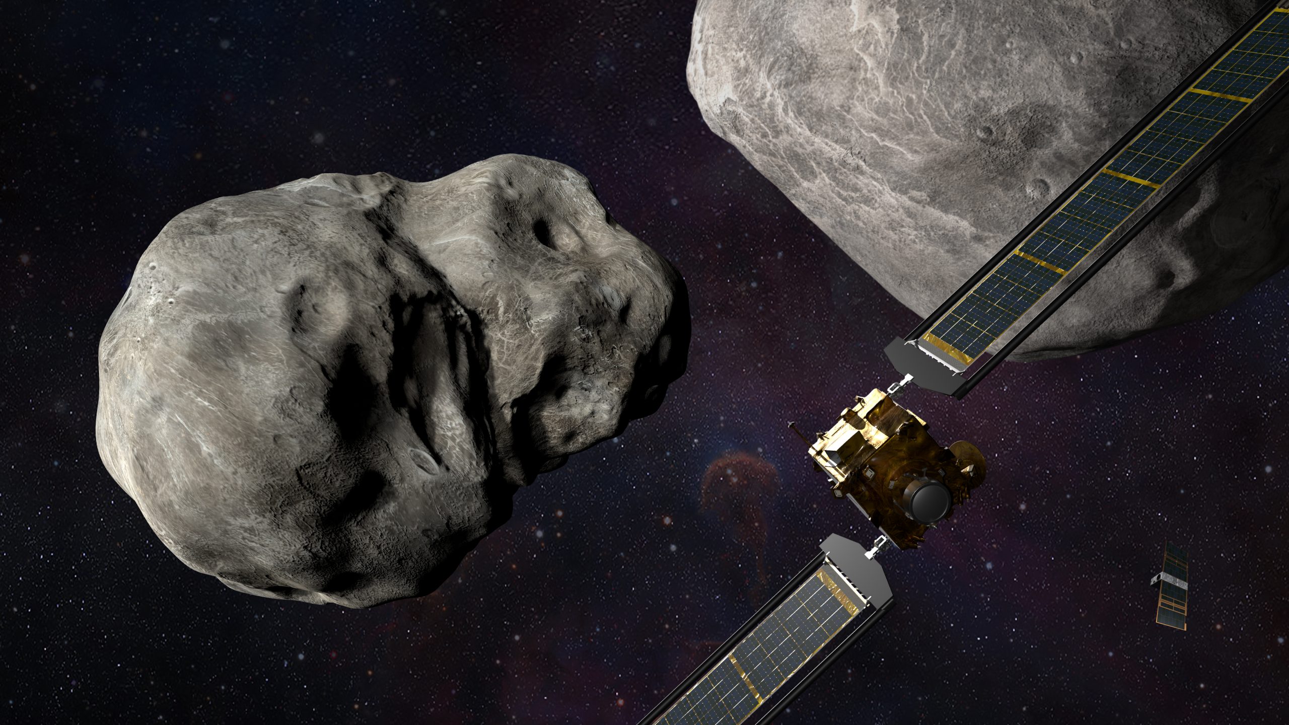 Illustration of NASA’s DART spacecraft and the Italian Space Agency’s LICIACube prior to impact at the Didymos binary system.