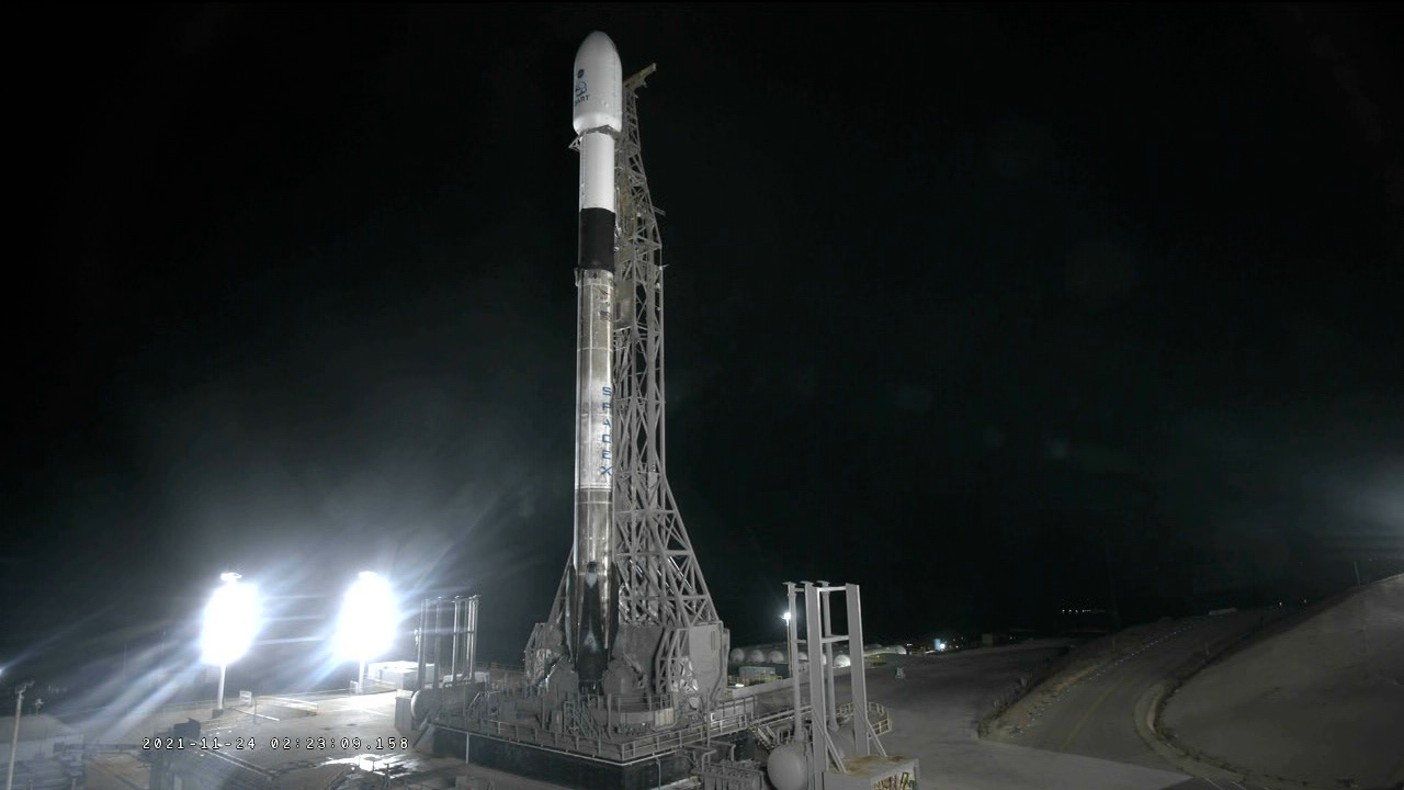 The SpaceX Falcon 9 rocket with NASA;'s DART spacecraft is on the launch pad at Space Launch Complex 4 at Vandenberg Space Force Base in California on Nov. 22, 2021. 