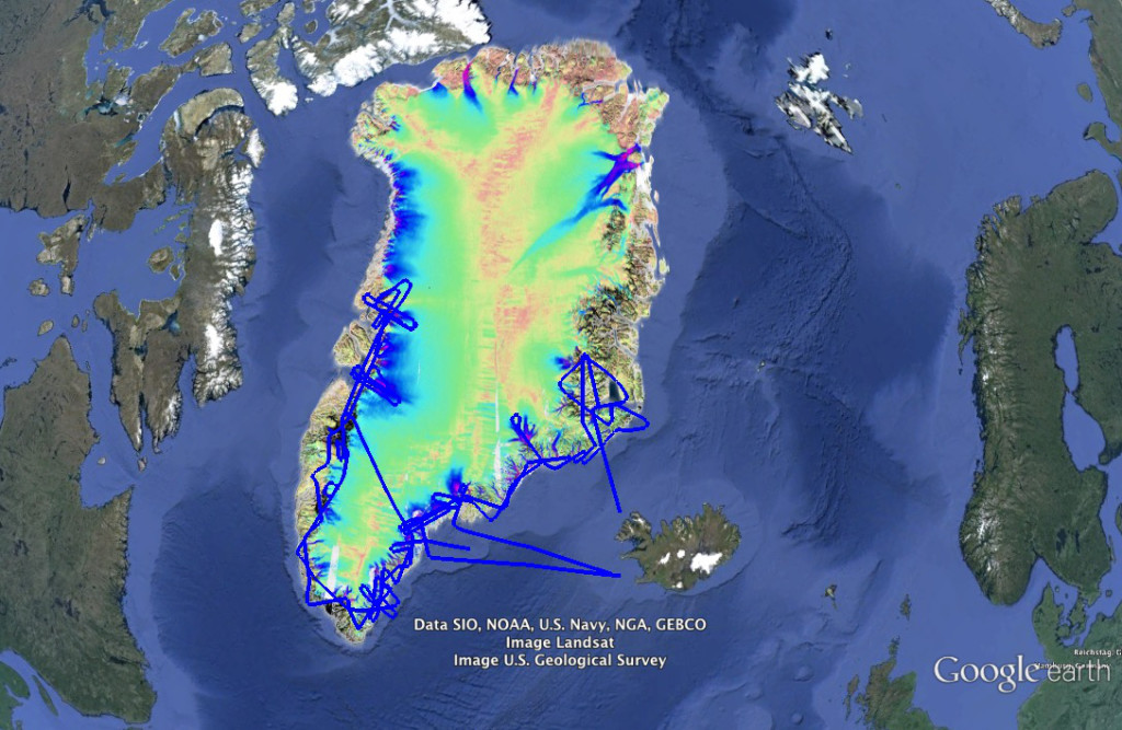 Map showing Greenland's glacier movement. 