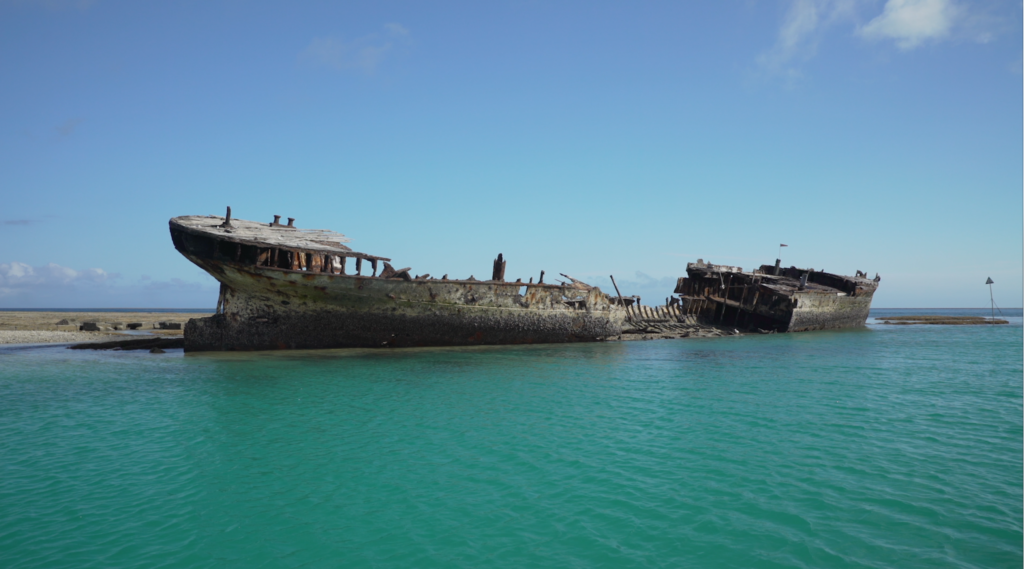 Shipwreck of the HMCS, Australia’s first official naval vessel. Entrance to Heron Island’s harbor. The wreck was placed there many years ago to serve as a breakwater for small craft visiting the island. Credit: Jim Round/NASA JPL