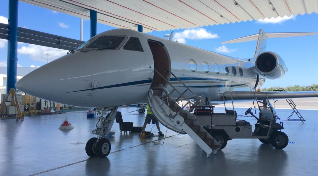 The Gulfstream IV plane carrying CORAL’s Portable Remote Imaging Spectrometer (PRISM) instrument sits in Hawker Pacific's hangar at Cairns Airport.