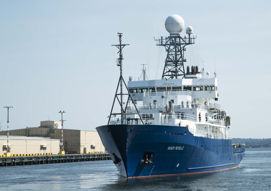 R/V Roger Revelle left Seattle on Aug. 10, 2018. The ship will follow the R/V Sally Ride to the open ocean, where they will conduct complementary research at sea. Credits: NASA/Michael Starobin