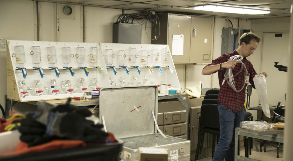 This filtration system allows the EXPORTS science team to test multiple water samples. The campaign is making detailed measurements of phytoplankton and other material found at various depths of the open ocean. Credits: NASA/Michael Starobin