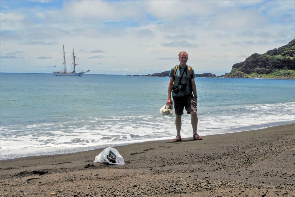 NASA researcher Dan Slayback standing on the beach of Hunga Tonga-Hunga Ha'apai. Credit: NASA