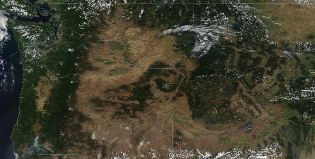 True color satellite image from MODIS on July 28, 2019. The red dots are fires detected by the MODIS and VIIRS instruments. In southwest Oregon, the smoke plume from the Milepost 97 fire is visible. Credit: NASA EOSDIS/ Worldview