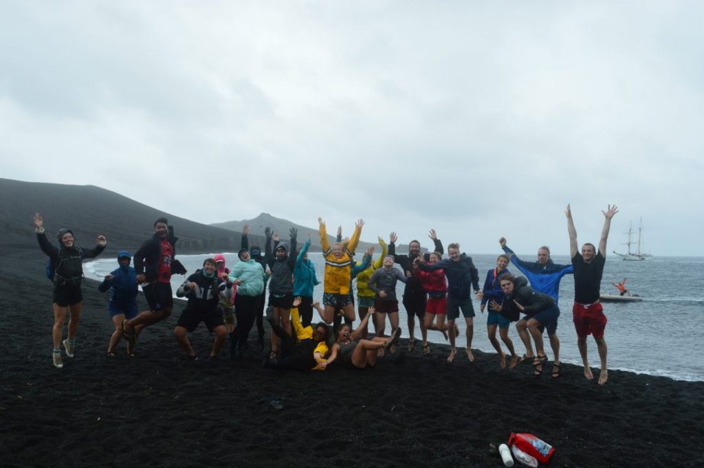 Students with the Sea Education Association's SSV Robert C. Seamans after landing on beach of HTHH. Credit: SEA