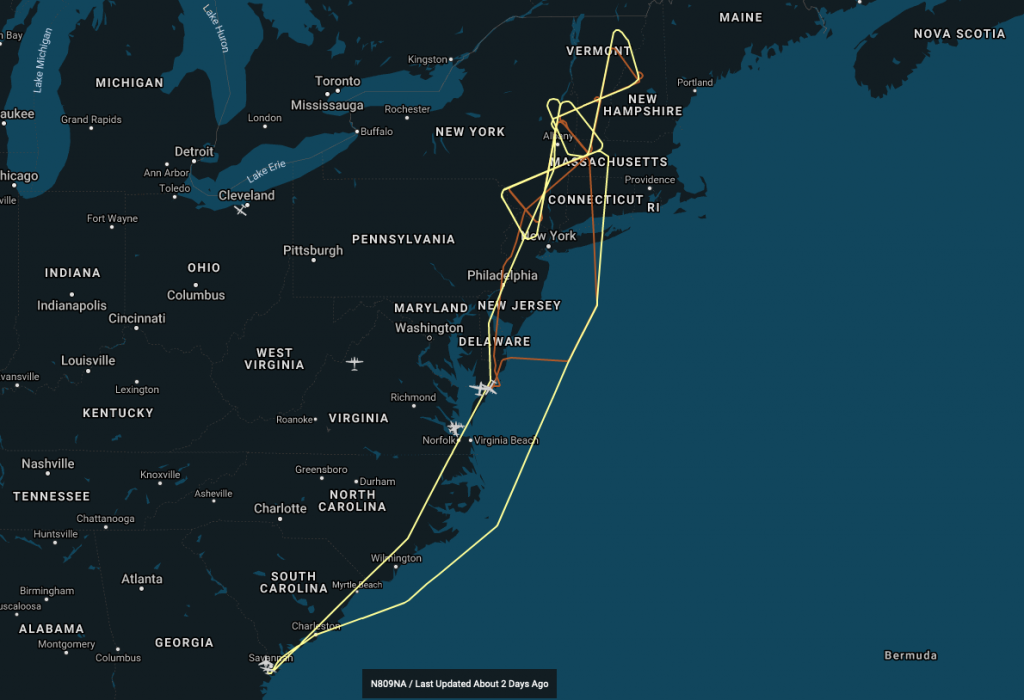 The ER-2 flight path is shown in yellow on top of the orange P-3 track. For the majority of the flight the two planes were in a “stacked” formation. Credit: NASA