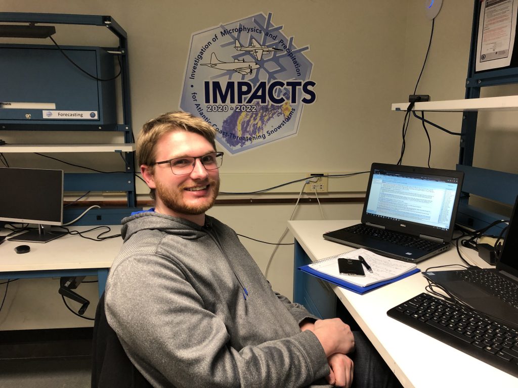 Sebastian Harkema is lead forecaster this week, working in IMPACTS Mission Operations Center just off the P-3 hangar at Wallops Flight Facility. Credit: NASA