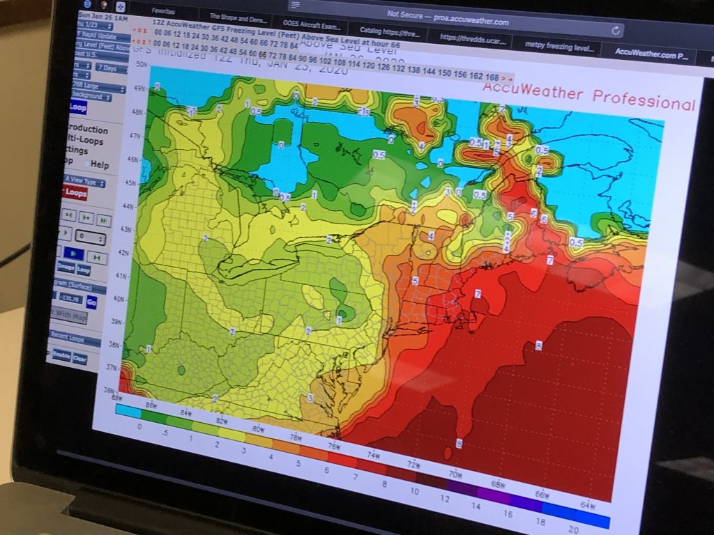 Map of freezing levels - the altitude at which the temperature is 0°C in the atmosphere. This is one of the things forecasters look at to find the snow the fly through and keep the plane safe. Credit: NASA