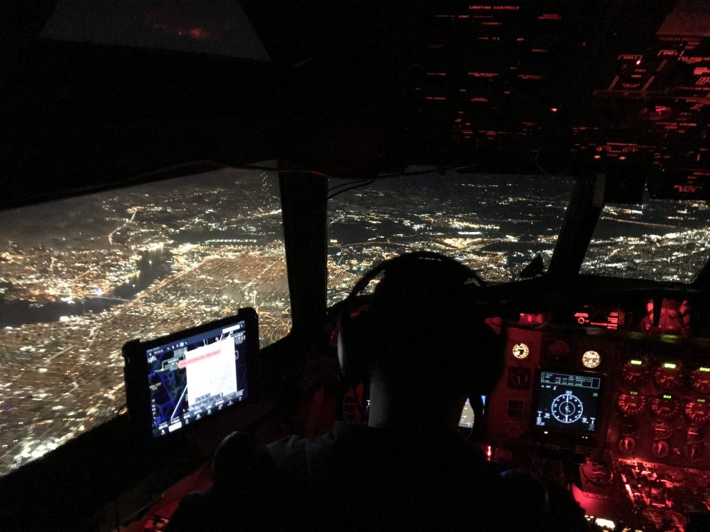 The view of Philadelphia at night from the cockpit of the P-3 on our way back to Wallops. Credit: NASA/Katie Jepson