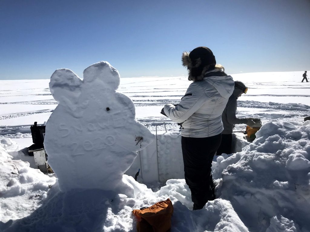 The SnowEx “mascot” for 2020 was the “strong work mouse,” honoring the small field mice that visited the snow pits during the first two weeks of data collection. Suzanne Craig of the National Snow and Ice Data Center records data next to a snow sculpture of the strong work mouse. Credit: NASA / Jessica Merzdorf