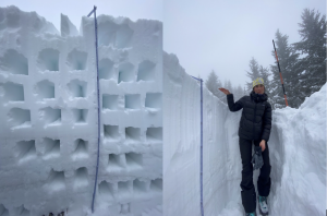 (L): Scientists dig these horizontal columns to sample the density in different parts of a snowpack. Each box represents a density sample taken every 10 cm. Multiple density cores of each layer are taken horizontally to account for any anomalies and for accuracy. (R): Measuring a later season snowpack stacking up outside of Boise, Idaho in January 2021. Credit: G. Antonioli