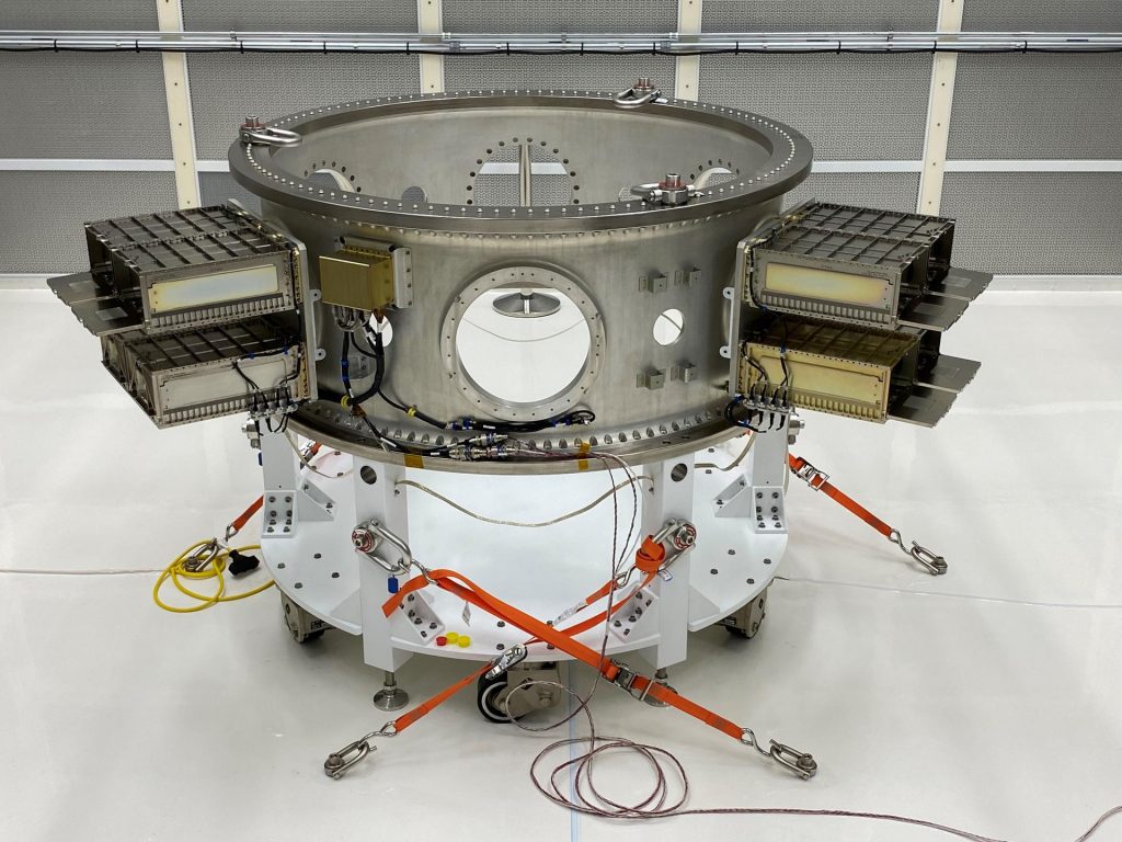 Mechanical and electrical support equipment for NASA’s Landsat 9 observatory being processed inside the Integrated Processing Facility at Vandenberg Space Force Base in California, on June 24, 2021. The equipment includes a secondary payload adapter and flight system for a group of microsat payloads, called CubeSats, that will launch with Landsat 9 as secondary payloads. 