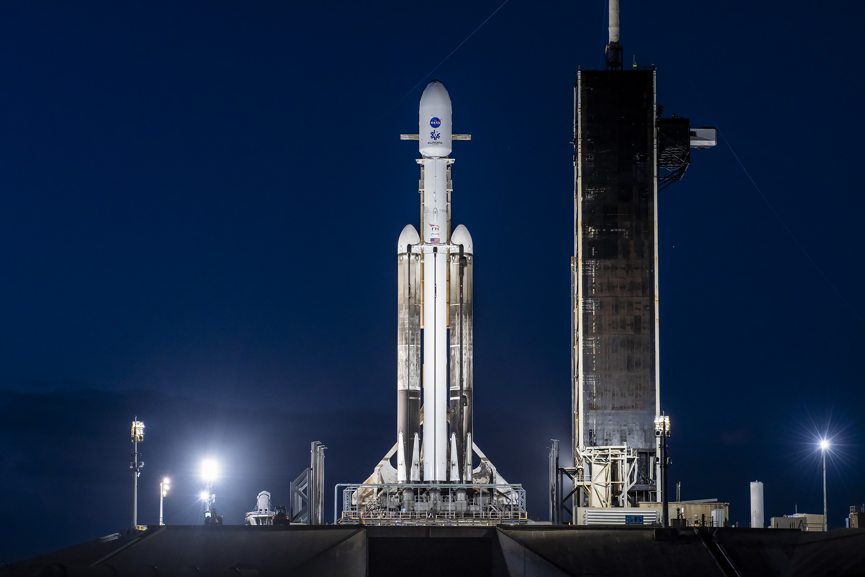 NASA’s Europa Clipper mission is ready to launch atop a SpaceX Falcon Heavy, pictured here just after sunrise on Monday, Oct. 14, 2024, at Launch Complex 39A at Kennedy Space Center in Florida. 