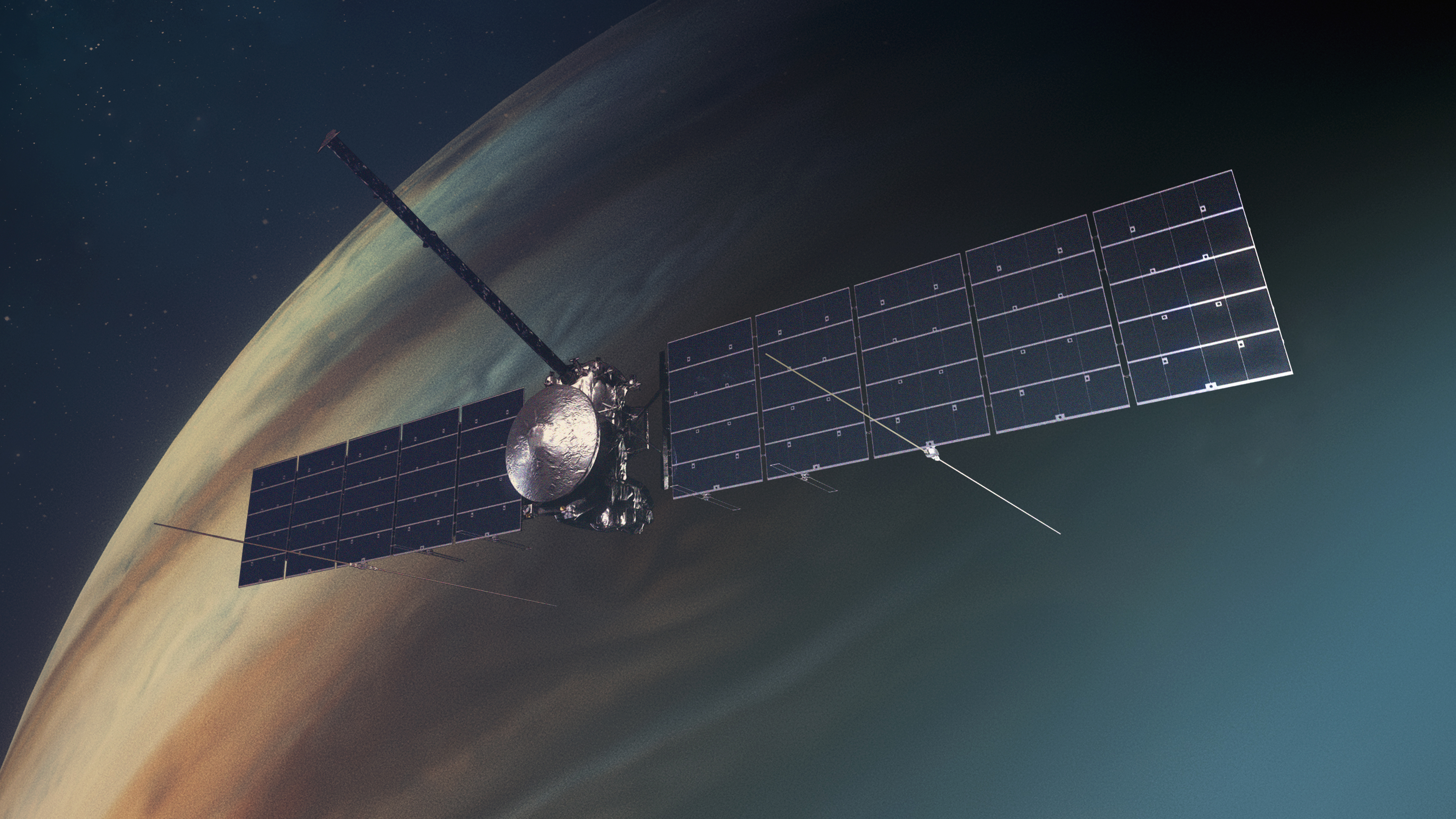 This artist’s concept depicts NASA’s Europa Clipper spacecraft in orbit around Jupiter. 