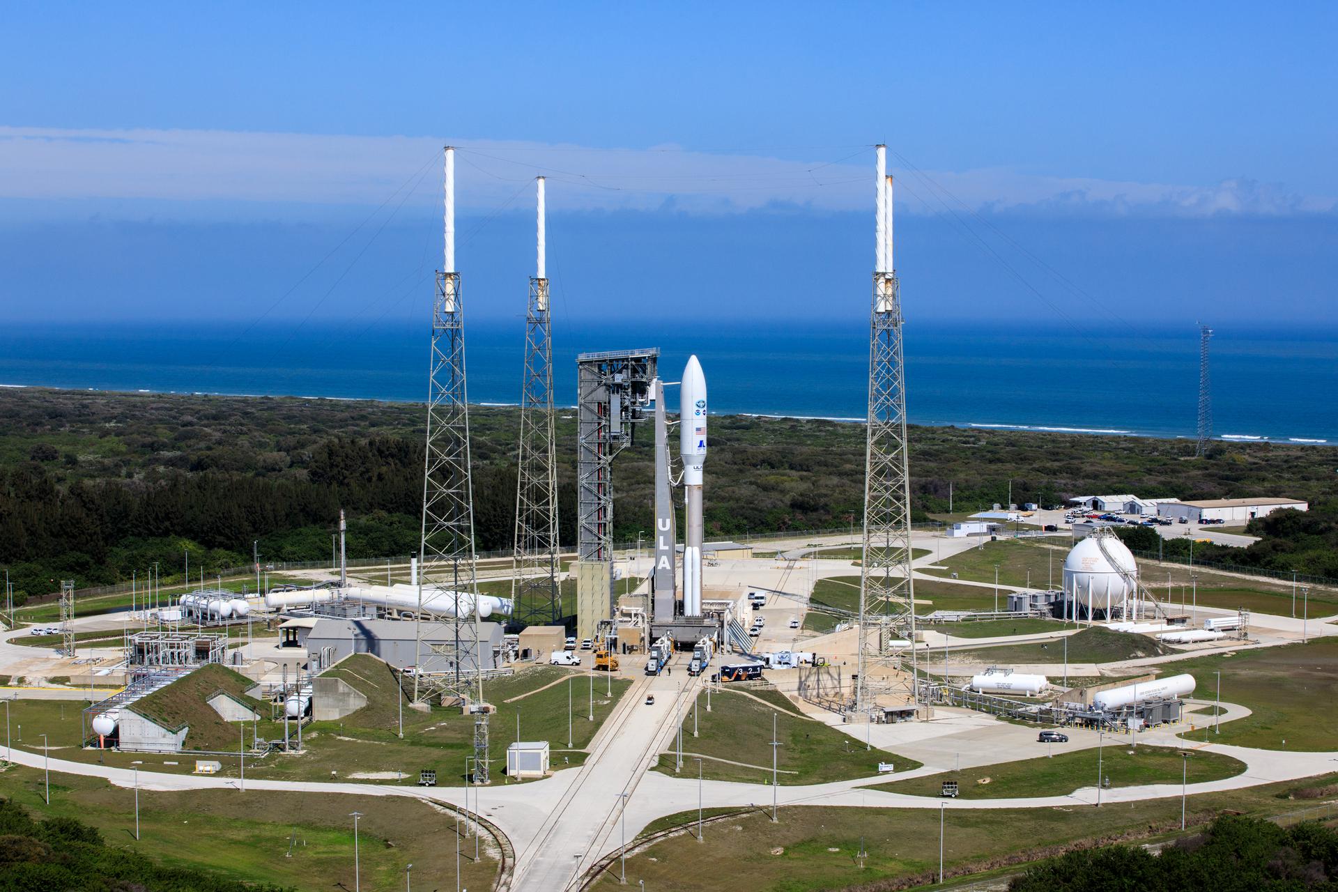 A United Launch Alliance Atlas V rocket, with the GOES-T satellite atop, stands ready for launch at Cape Canaveral Space Force Station.