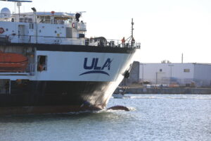 A ULA transport boat carrying the first and second stages of the Atlas V rocket that will launch the GOES-T satellite arrives at Cape Canaveral Space Force Station.