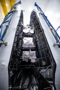 Technicians prepare NOAA’s (National Oceanic and Atmospheric Administration) Geostationary Operational Environmental Satellite (GOES-U) for encapsulation inside payload fairing halves on Thursday, June 13, 2024, at the Astrotech Space Operations facility in Titusville near NASA’s Kennedy Space Center in Florida. The fourth and final weather-observing and environmental monitoring satellite in NOAA’s GOES-R Series will assist meteorologists in providing advanced weather forecasting and warning capabilities. The two-hour window for liftoff opens 5:16 p.m. EDT Tuesday, June 25, aboard a SpaceX Falcon Heavy rocket from Launch Complex 39A at NASA’s Kennedy Space Center in Florida.