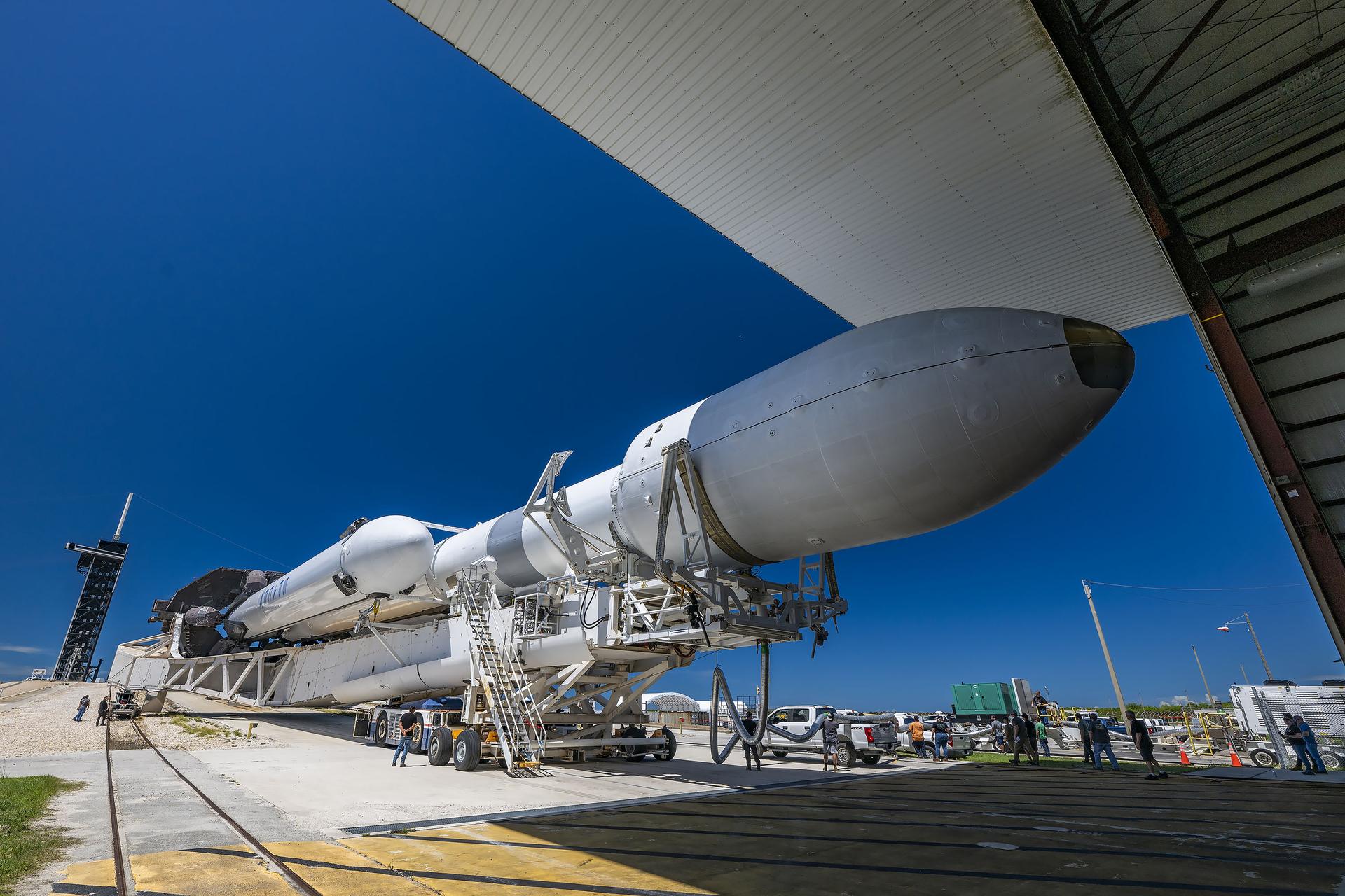 A SpaceX Falcon Heavy rocket carrying the National Oceanic and Atmospheric Administration (NOAA) GOES-U (Geostationary Operational Environmental Satellite U) moves from the hangar to the launch pad at Space Launch Complex 39A at NASA’s Kennedy Space Center in Florida on Monday, June 24, 2024. 