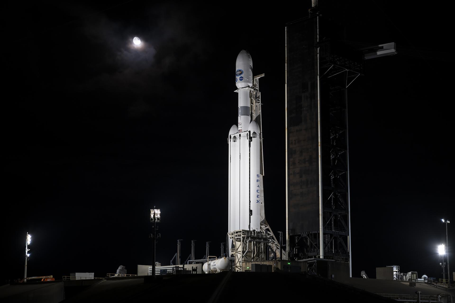 A SpaceX Falcon Heavy rocket carrying the National Oceanic and Atmospheric Administration (NOAA) GOES-U (Geostationary Operational Environmental Satellite U) stands vertical at Launch Complex 39A at NASA’s Kennedy Space Center in Florida on Monday, June 24, 2024.