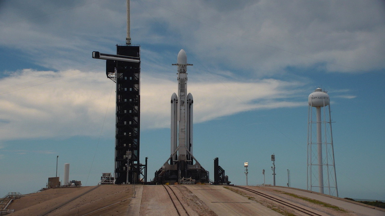 A SpaceX Falcon Heavy rocket carrying the National Oceanic and Atmospheric Administration (NOAA) GOES-U (Geostationary Operational Environmental Satellite U) stands vertical at Launch Complex 39A at NASA’s Kennedy Space Center in Florida on Tuesday, June 25, 2024.