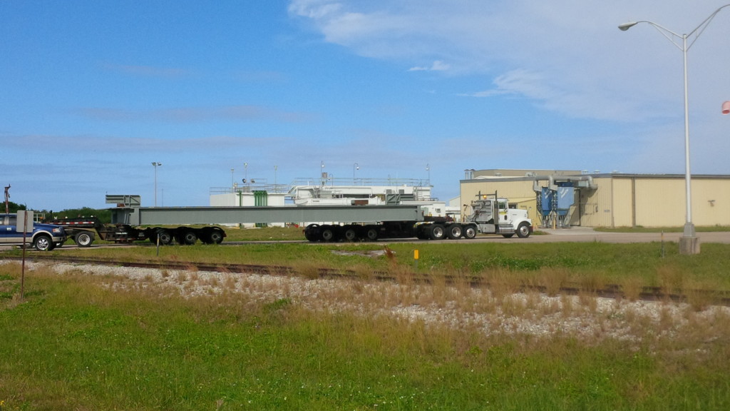 The first half of the G-level work platforms for the Vehicle Assembly Building arrives at NASA's Kennedy Space Center in Florida. Photo credit: NASA/Mike Justice