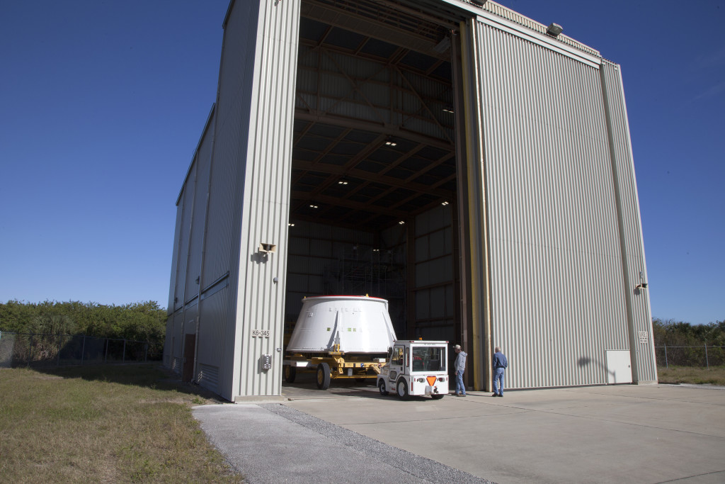 The aft skirt is moved to the RPSF at NASA's Kennedy Space Center.