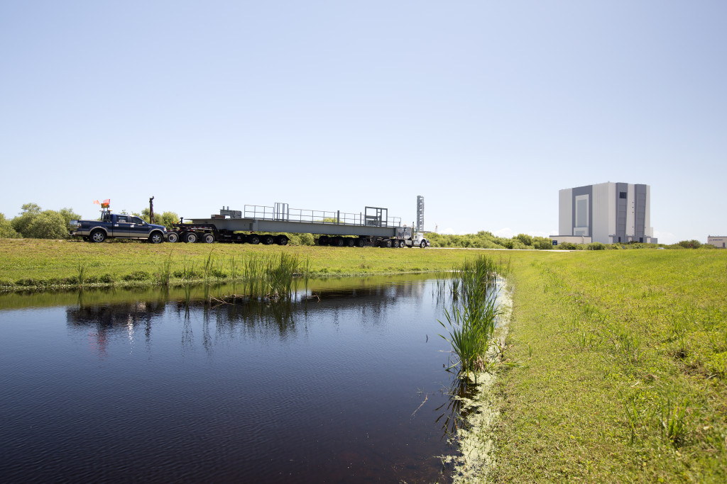 First half of E-level work platforms arrives at Kennedy Space Center in Florida.