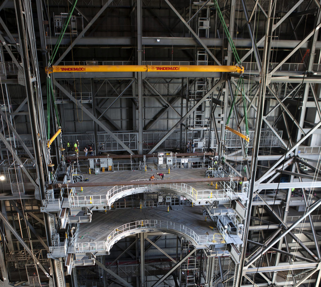 The second of the D-level work platforms is installed in High Bay 3 of the Vehicle Assembly Building.