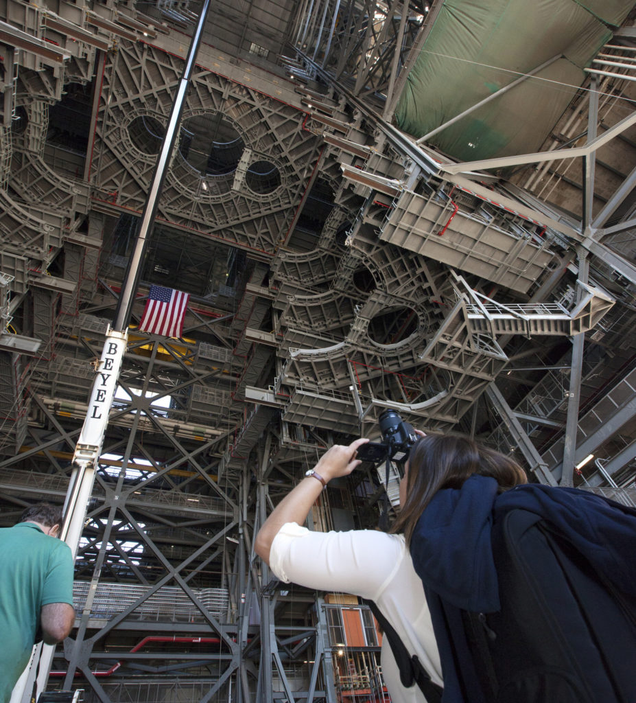 Media view new work platforms in the Vehicle Assembly Building High Bay 3.