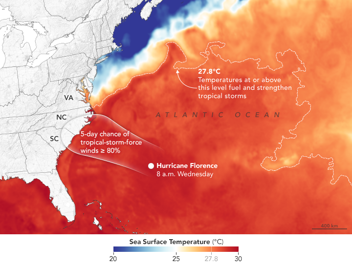 NASA Earth Observatory image by Joshua Stevens, using sea surface temperature data from Coral Reef Watch and wind probabilities from the National Hurricane Center. 