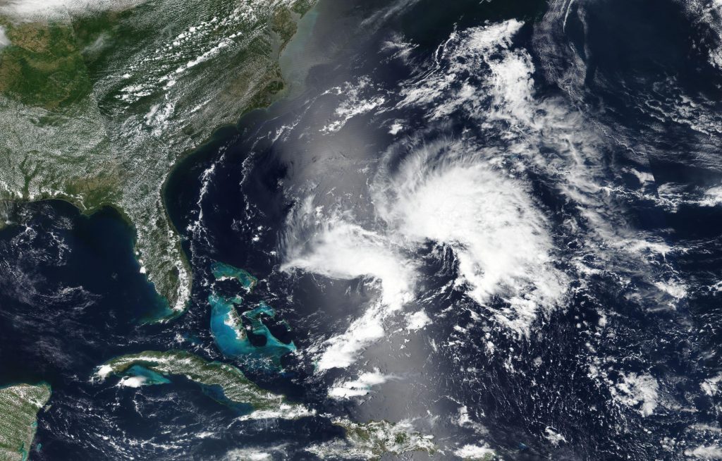 Worldview image of Subtropical Storm Andrea on May 20, 2019.