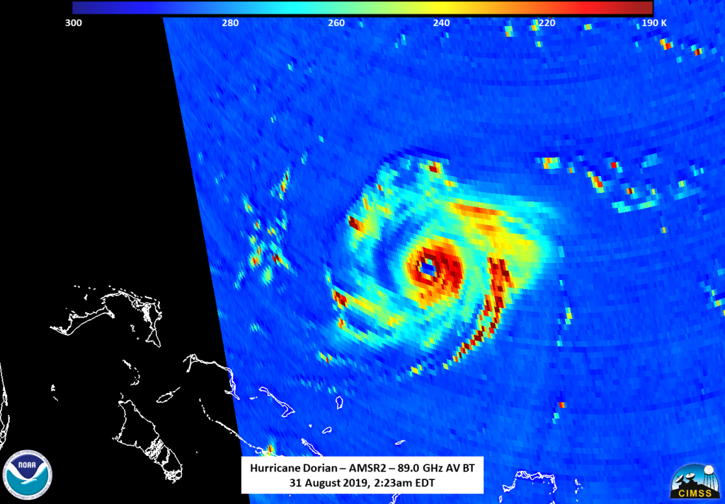 GCOM - W1 satellite catches the eye of the Dorian and a possible eyewall replacement.