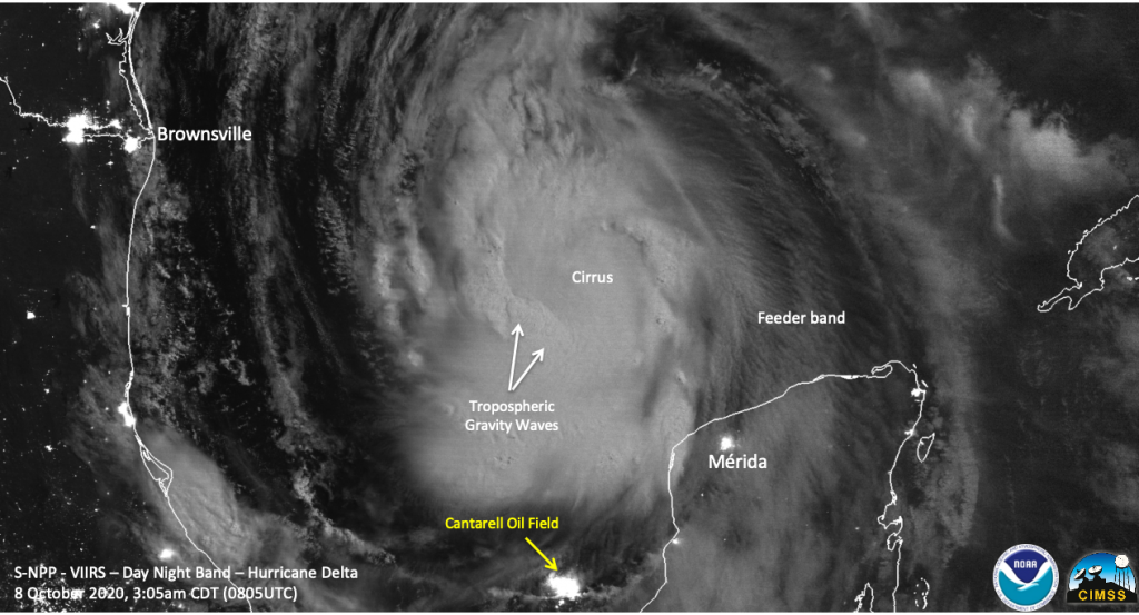 Hurricane Delta from Suomi NPP at night