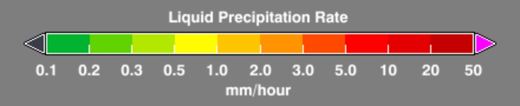 Color bar for liquid precipitation rates (ie, rain rates). Shades of green represent low amounts of liquid precipitation, whereas shades of red represent high amounts of precipitation.