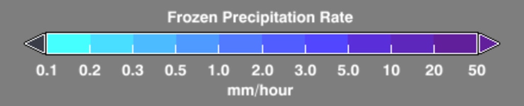 Color bar for frozen precipitation rates (ie, snow rates). Shades of cyan represent low amounts of frozen precipitation, whereas shades of purple represent high amounts of precipitation.