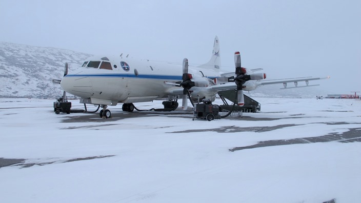 P-3 on the ramp on a snowy morning