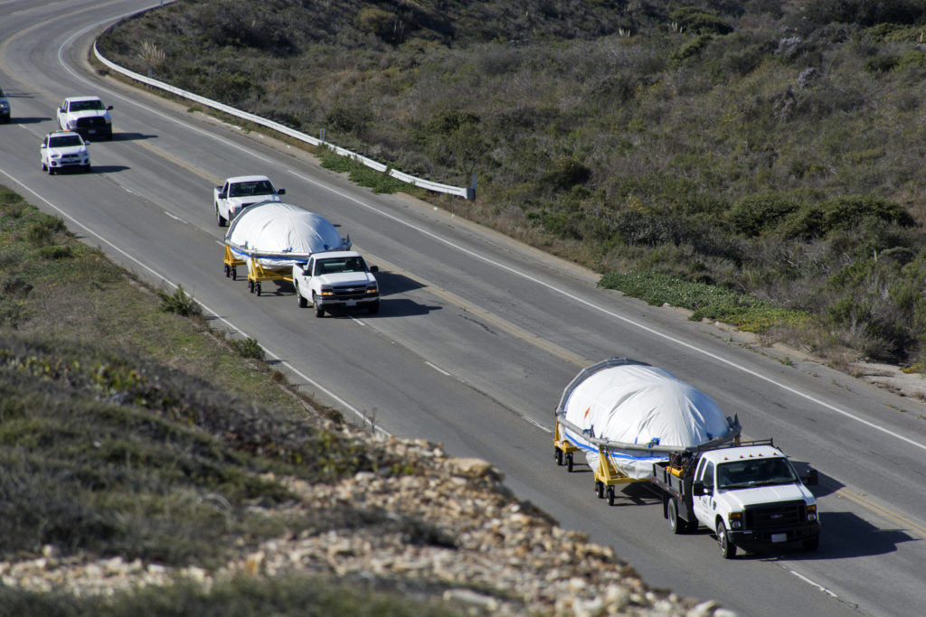 The payload fairings for the United Launch Alliance Delta II rocket arrive at Vandenberg Air Force Base in California.