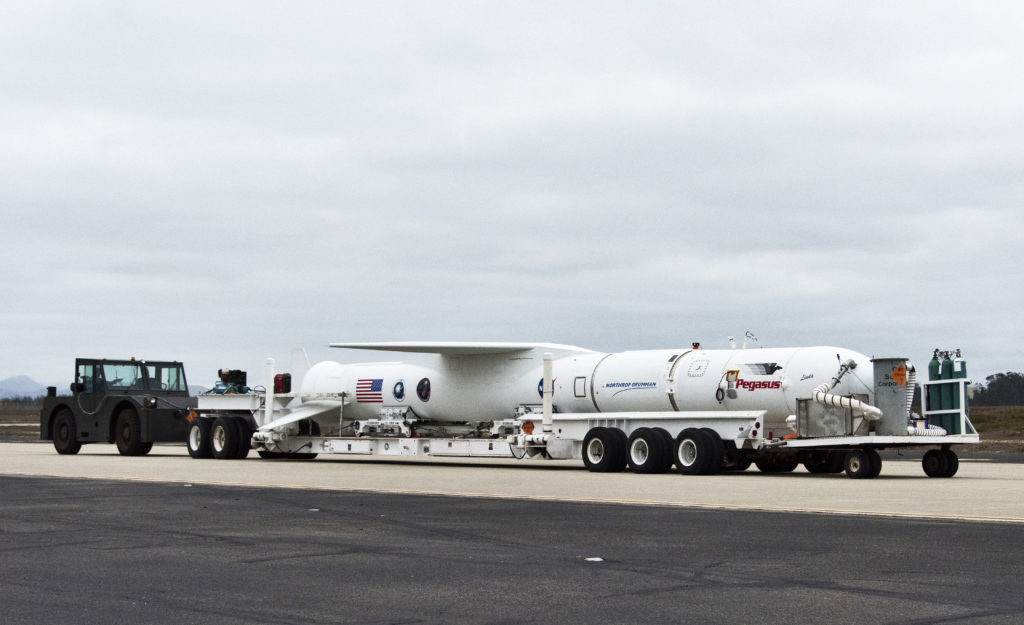 Northrop Grumman's Pegasus XL rocket, containing NASA's Ionospheric Connection Explorer, or ICON, is transported to the hot pad at Vandenberg Air Force Base on Oct. 14, 2018. Pegasus will be attached beneath the company's L-1011 Stargazer aircraft for the trip to Cape Canaveral Air Force Station in Florida. The Pegasus XL rocket will launch ICON from the Skid Strip at the Cape. Photo credit: USAF 30th Space Wing/Tony Vaulcin