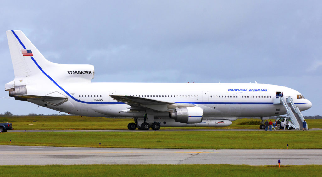 The Northrop Grumman L-1011 Stargazer aircraft is seen on the Skid Strip at Cape Canaveral Air Force Station. A Pegasus XL rocket is attached to the underside of the aircraft with NASA's Ionospheric Connection Explorer, or ICON, satellite.