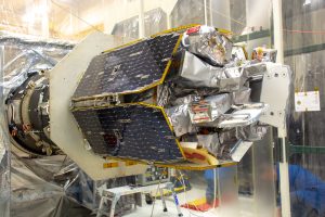 NASA's Ionospheric Connection Explorer (ICON) is attached to the Northrop Grumman Pegasus XL rocket inside Building 1555 at Vandenberg Air Force Base in California on Sept. 10, 2019.