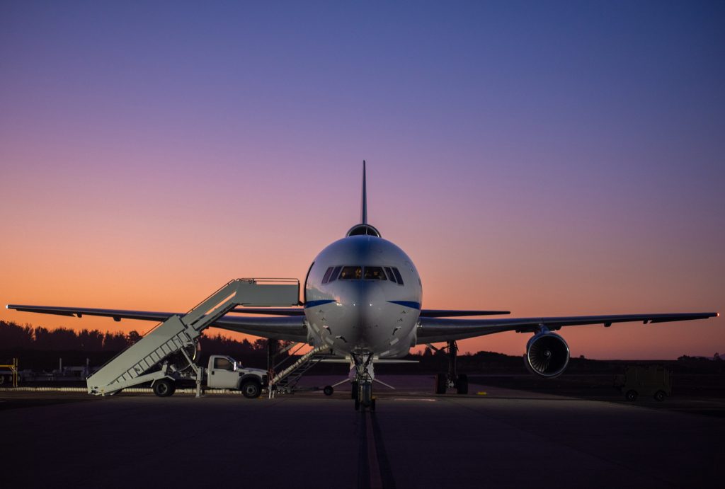 Backdropped by a twilight sky, Northrop Grumman's L-1011 Stargazer undergoes final preparations prior to its takeoff from Vandenberg Air Force Base in California on Oct. 1, 2019.