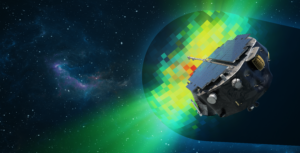 An illustration shows the IMAP spacecraft in the foreground in front of Earth. Scientific measurements represented in green, yellow, and red appeared overlaid on and next to Earth.