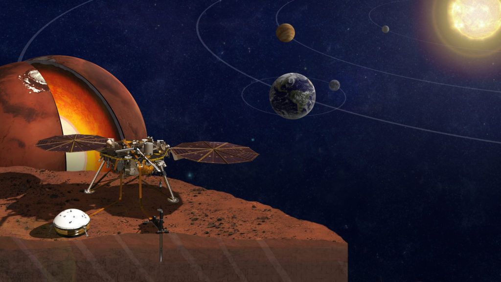 Artist image of the InSight spacecraft exploring a rocky planet such as Mars.