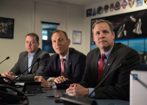 NASA Administrator Jim Bridenstine, right, NASA Associate Administrator for the Science Mission Directorate, Thomas Zurbuchen, center, and NASA Chief Financial Officer, Jeff DeWit, watch the launch of NASA's InSight spacecraft on a United Launch Alliance (ULA) Atlas-V rocket Saturday, May 5, 2018 at NASA Headquarters in Washington. InSight, short for Interior Exploration using Seismic Investigations, Geodesy and Heat Transport, is a Mars lander designed to study the "inner space" of Mars: its crust, mantle, and core.