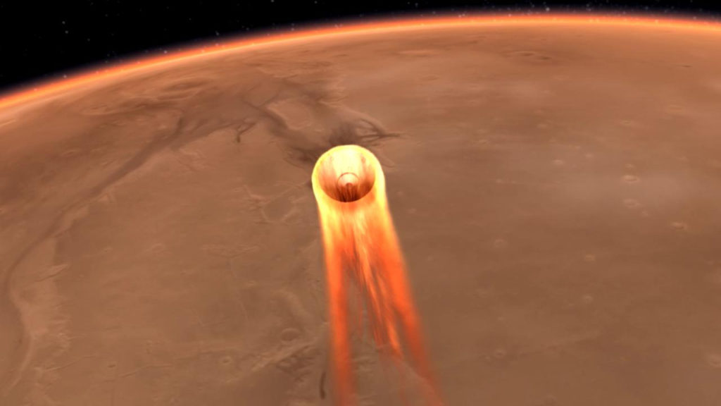 An artist's impression of NASA InSight's entry, descent and landing at Mar