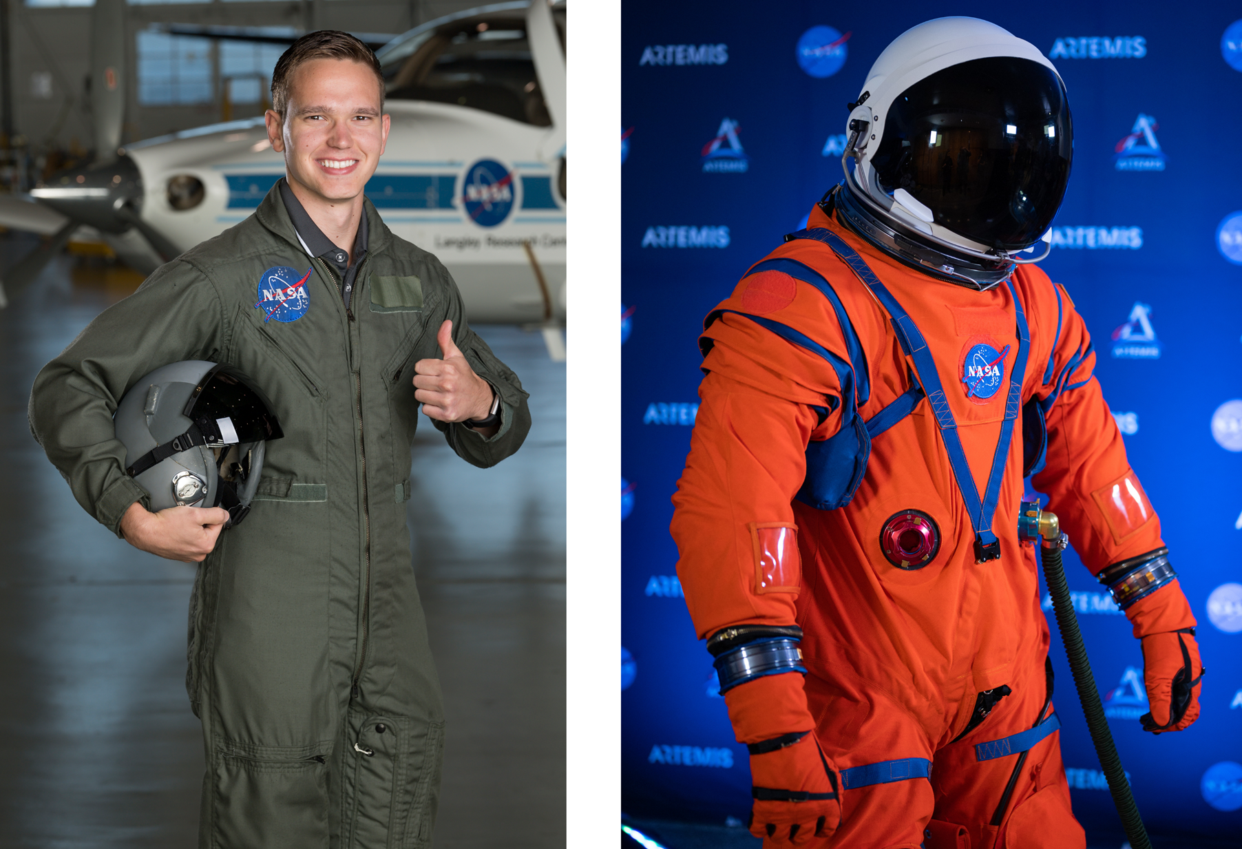 Nicholas Houghton interned at NASA Langley Research Center and NASA Johnson Space Center (JSC). He now works full-time with the Orion Crew Survival Systems team. The Orion Crew Survival System suit is designed to protect astronauts on launch day, in emergency situations, high-risk parts of missions near the Moon, and during the high-speed return to Earth. (NASA Johnson Space Center / Nicholas Houghton).