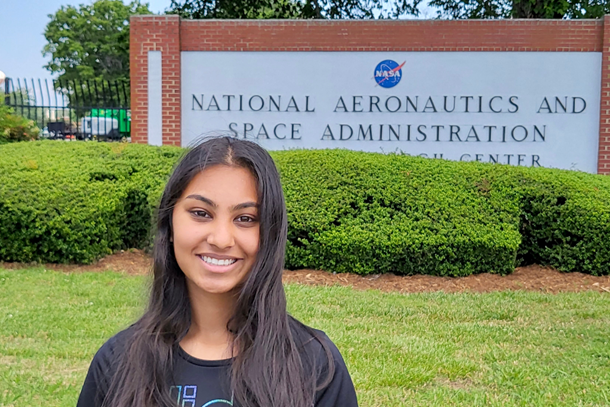 Drina Shah standing in front of the Goddard Space Flight Center.