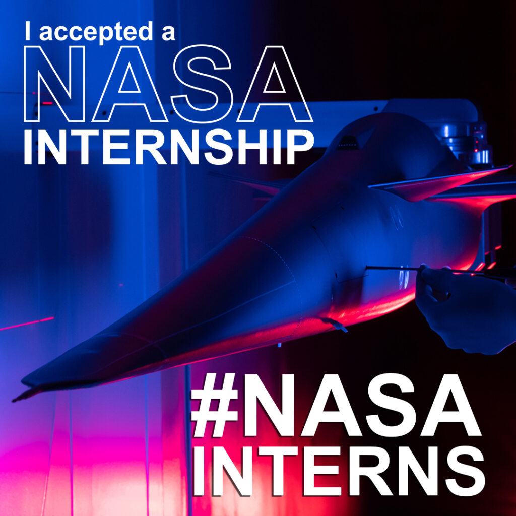 Alt Text: A model aircraft is tested within an aeronautics testing chamber. The brightly colored image includes sharply contrasting reds and oranges upon dark blues. Text on the image reads, “I accepted a NASA Internship #NASAInterns.” Credit: NASA/Greg Lee